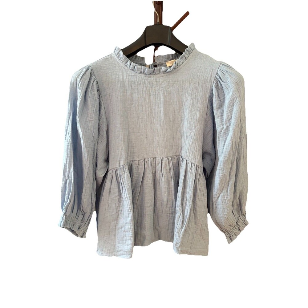 Umgee Light Blue Cotton Long Sleeve Boho Peplum Top